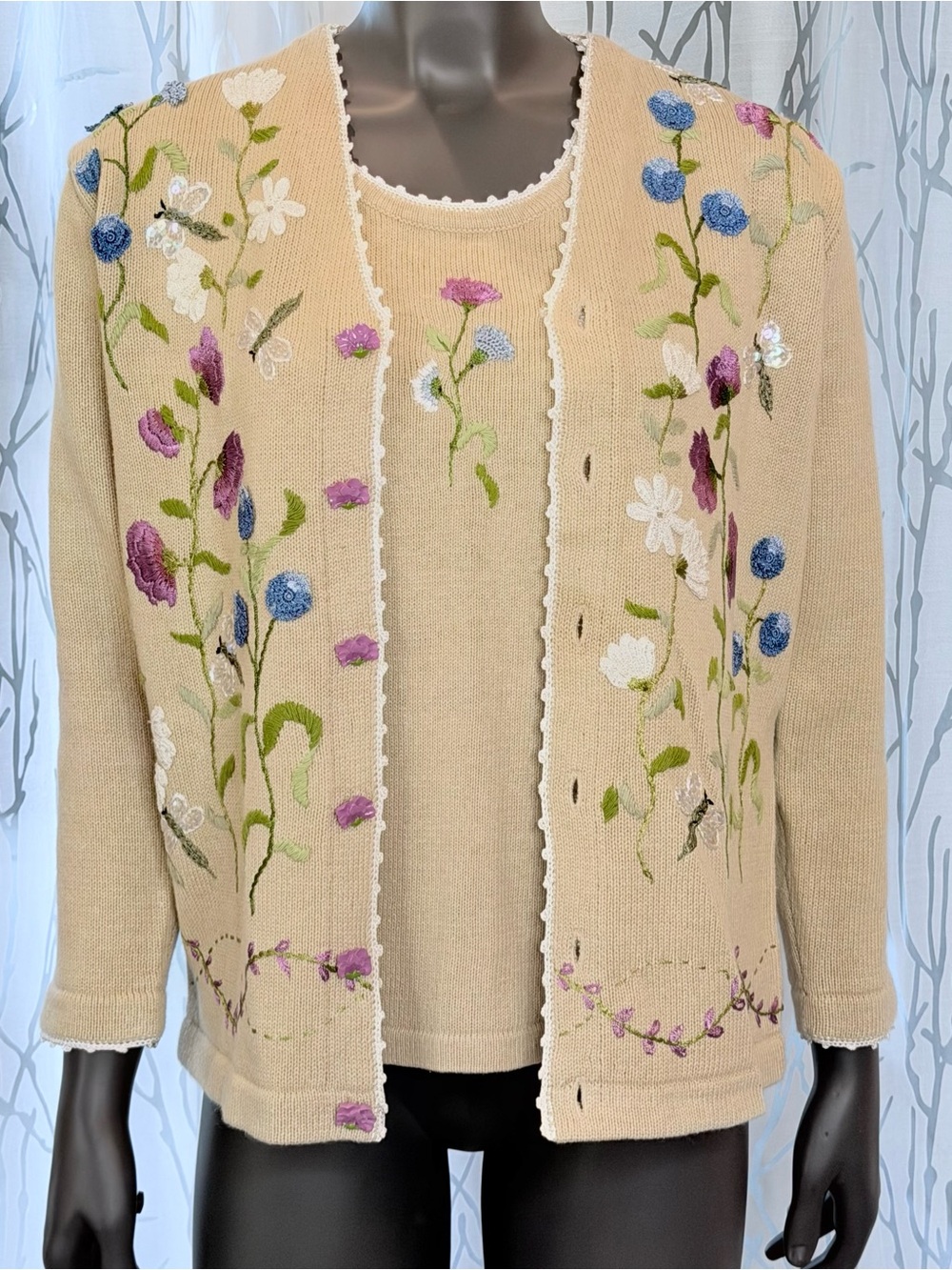 Vintage Storybook Knits Dragonfly Garden Embroidered Twin Set Cardigan Tank S